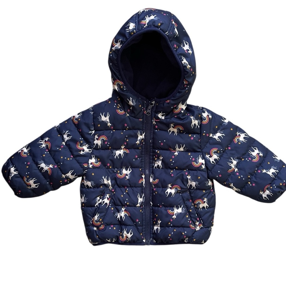 Jumping Beans EUC Navy Puffer Winter Jacket - Unicorns - 18M